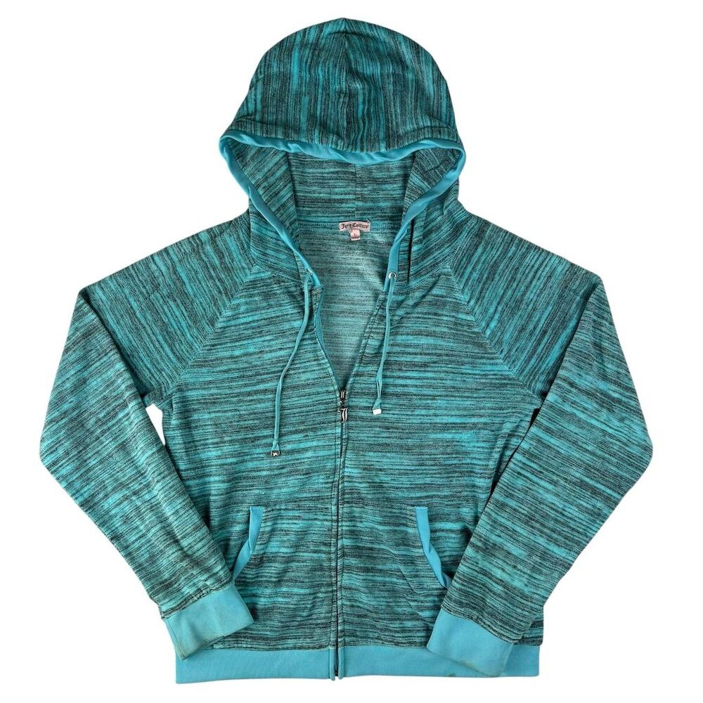 Juicy Couture Women's Velour Hoodie Jacket Teal Blue Sz Large Casual Zip-Up Mint